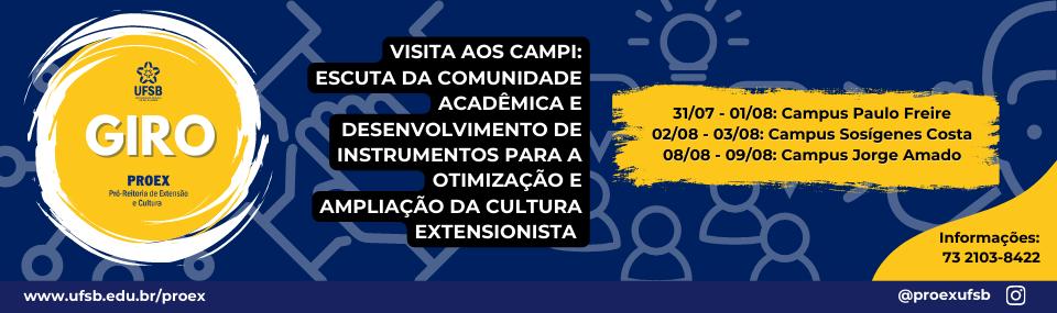 card azul com logomarca do Giro Proex, com título que diz: “Visita aos campi, escuta da comunidade acadêmica e desenvolvimento de instrumentos para otimização e ampliação da cultura extensionista”